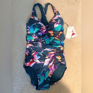 NWT CALIA Seamed Power Sculpt One Piece Swimsuit Aqua Multi Floral Size 8 NWT